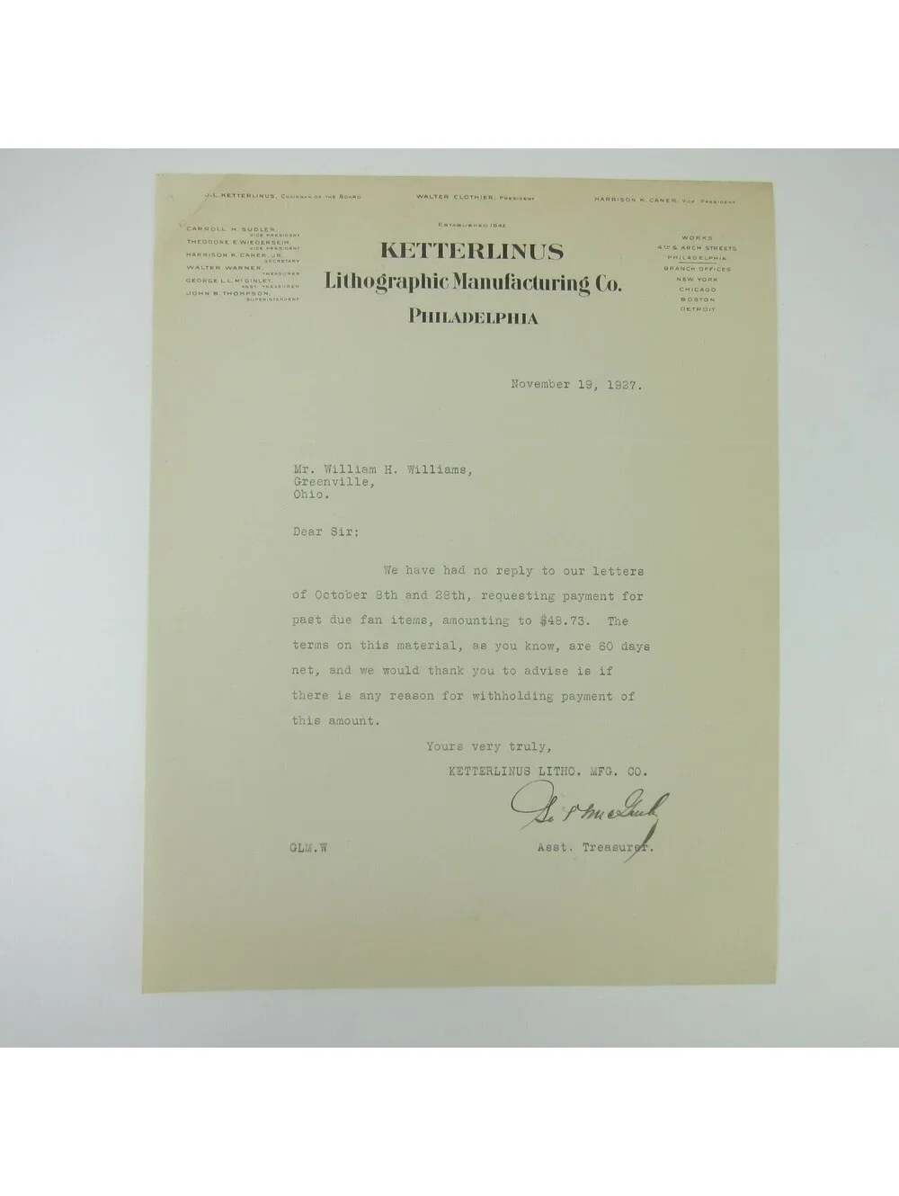 Vintage 1927 Letterhead Ketterlinus Lithographic Manufacturing Philadelphia PA